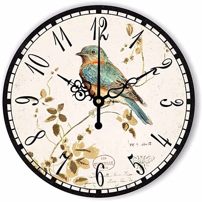 12" Retro Vintage Bird French Country Tuscan Style Non-Ticking Silent Wooden Wall Clock