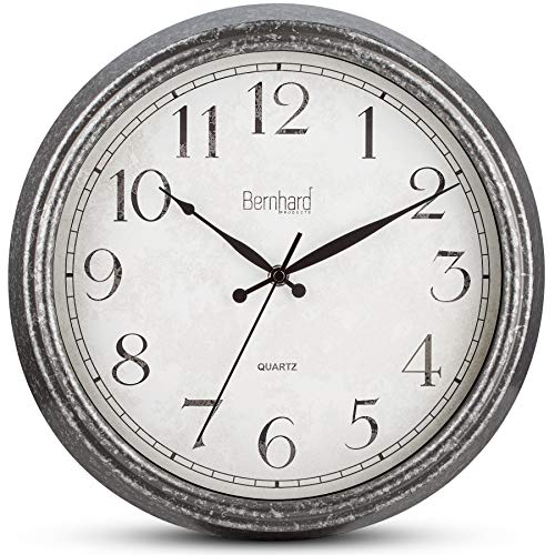 Bernhard Products Rustic Wall Clock 14 Inch Silent Non Ticking, Quartz Battery Operated Decorative Textured Rustic Farmhouse Gray Easy to Read, for Home Kitchen Office