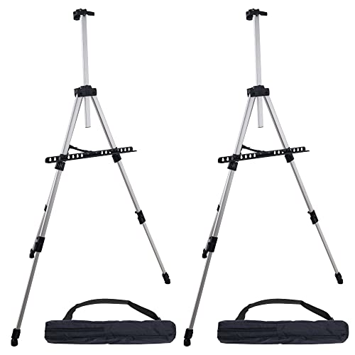 U.S. Art Supply 66" Sturdy Silver Aluminum Tripod Artist Field and Display Easel Stand (Pack of 2) - Adjustable Height 18" to 5.5 Feet, Holds 36" Canvas - Floor and Tabletop Displaying, Portable Bag