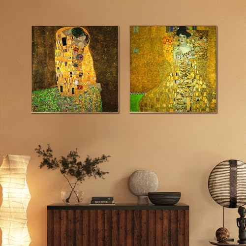 INVIN ART Combo Painting 2 Pieces Framed Canvas Art Series#1 by Gustav Klimt Wall Art Living Room Home Office Decorations(Wood Color Slim Frame,28"x28"Each Piece)