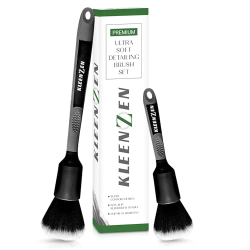 Kleenzen Ultra Soft Premium Professional Detailing Brush Set Auto Detail Brushes for Gentle Cleaning, Longer Reach, Non-Slip Ergonomic/Comfort Grip - Includes 1 Large and 1 Small Brushes