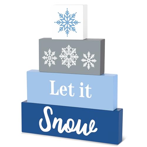 4 Pcs Christmas Wooden Block Signs Let It Snow Table Decor Rustic Christmas Tiered Tray Decor Snowflake Christmas Blocks for Tabletop Winter Christmas Decoration