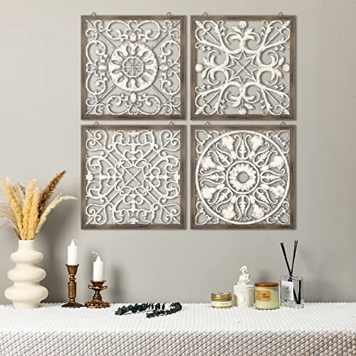 4 Pieces Carved Wood Wall Art Thicken Brown Wall Decor Brown White Farmhouse Wall Decor for Living Room Wooden Decorative Wood Panels Modern Carved Wall Plaque for Home Kitchen Dining Room Bedroom