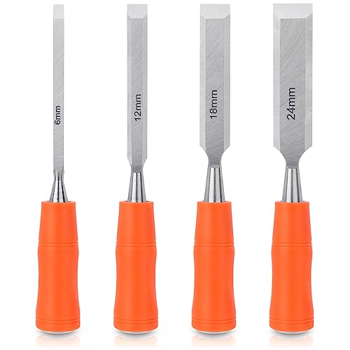 4 Piece Wood Chisel Sets Woodworking Tools Set, Wood Chisels for Woodworking with Steel Hammer End, Wood Tools Chisel Set Woodworking with Ergonomic Plastic Handle, 6mm, 12mm, 18mm, 24mm