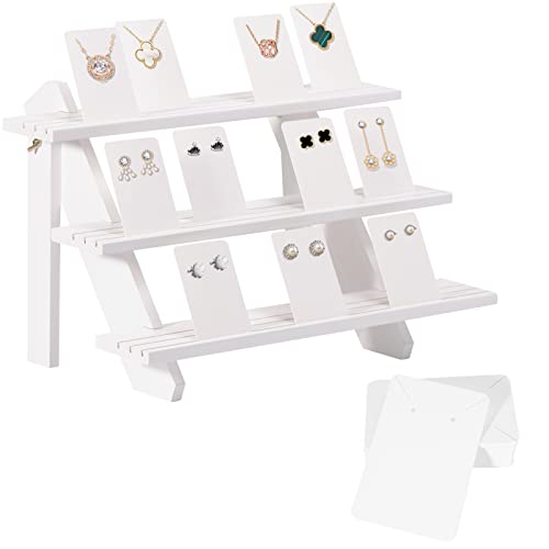 51pcs Wood Tiered Earring Display Stand,3-Tier White Retail Jewelry Card Display Stand with Groove + 50 Earring Cards Portable Earring Ring Organizer Holder Jewelry Showcase Racks for Jewelry Business