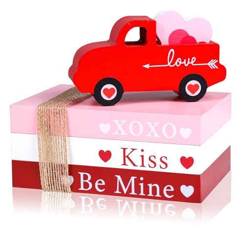 5 PCS Valentine's Day Tiered Tray Decor Wooden Valentine Table Sign Farmhouse Wood Truck Book Stack Thick Rustic Valentine Block for Home Kitchen Bookshelf Table Decoration