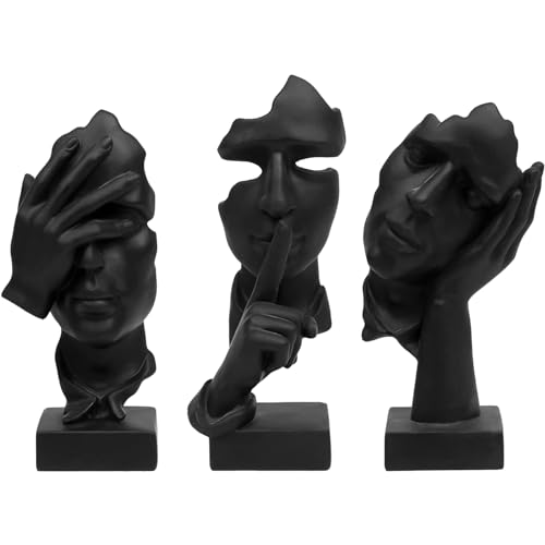 aboxoo 3 Pcs Thinker Statue, Silence is Gold Abstract Art Figurine, No Hear No See No Speak Modern Home Resin Sculptures Decorative Objects Modern Decor for Creative Room Home, Office Study (Black)