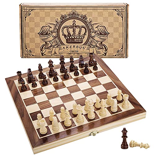 AMEROUS 12" x 12" Magnetic Wooden Chess Set for Kids and 6 up Age, 2 Bonus Extra Queens, Folding Board with Storage Slots, Handmade Chess Pieces, Portable Travel Chess Board Game Sets