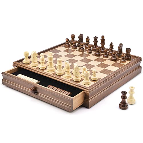 AMEROUS 15" x 15" Wooden Chess & Checkers Set with Built-in Storage Drawers/Weighted Chess Pieces / 2 Bonus Extra Queens / 24 Cherkers Pieces/Classic 2in1 Board Games for Kids, Adults