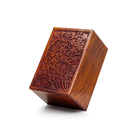 Artisans Crafted Premium Rosewood Decorative Hand Carved Wooden Urns | Carved with Precision | Memorial Wooden Urns for Loved Ones | Nagina International (Medium)