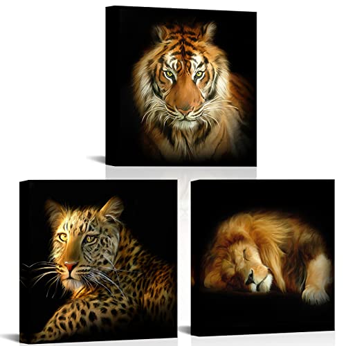 Artsbay 3er-Set Tier-Portrait-Bilder für Wanddekoration, Tiger-Löwen, Leoparden-Malerei, Leinwandkunst für Jungen, moderne wilde Tiere, Giclée-Leinwand-Kunstwerk, Größe 30.5x30.5 cm, jedes Panel
