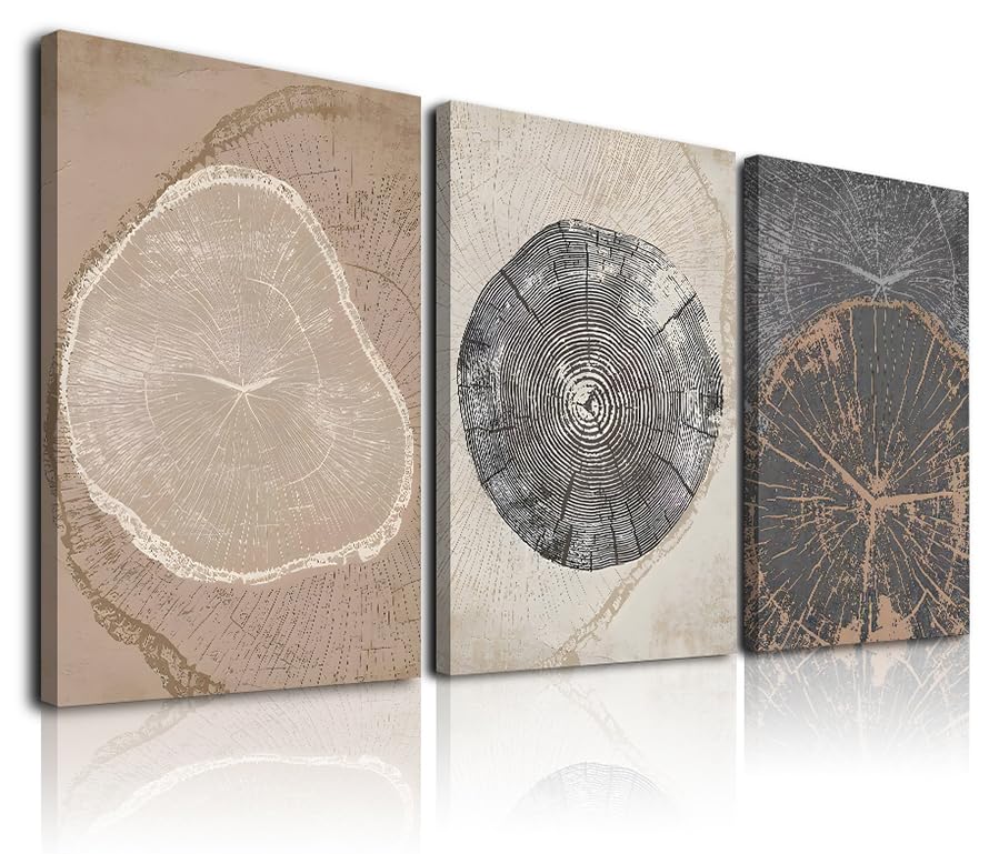 Beige Tree Ring Wall Art Set of 3, Framed Canvas Wall Art Nordic Prints, Abstract Rustic Wood Tree Ring Log Nature Wilderness Neutral Wall Decor, Mid-century Modern Wall Decor Paintings for Living
