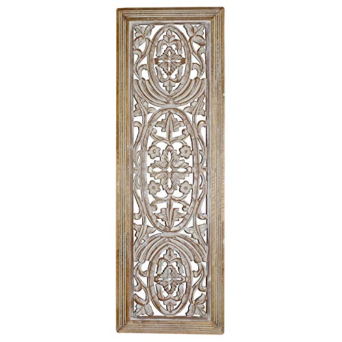 Benzara BM01908 Rectangular Mango Wood Wall Panel Hand Crafted with Intricate Carving, White and Brown