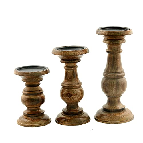 Benzara Pillar Shaped Wooden Candle Holder, Set of 3, Brown