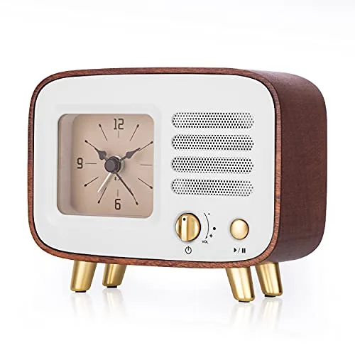 BEW Retro Alarm Clock with Bluetooth Portable Speaker, Loud Volume Rechargeable Wireless TF Card MP3 Player, Silent Battery Operated Wooden Alarm Clock for Table, Nightstand, Bedroom, Office