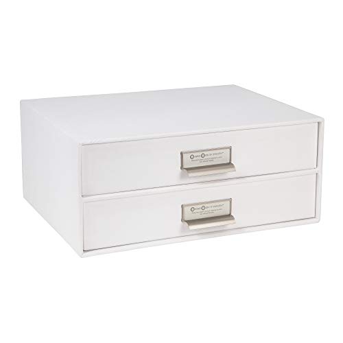 Bigso Birger 2-Drawer Fiberboard Label Frame Document Letter Box | Desktop Drawers for Loose Papers, Documents, and More | Desktop Storage Drawers with Metal Label Holder | 13.1” x 10” x 5.7” | White