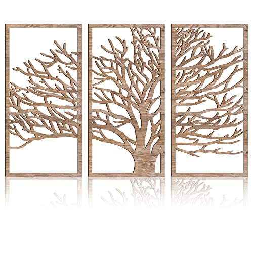 BINCUE 3 Panel Rustic Wood Wall Art Tree of Life Boho Decor with 3D Hollow Craft Art for Kitchen & Bathroom & Living Room