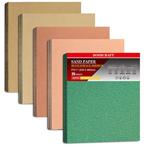 BOSHCRAFT 25 PCS Sandpaper, Sandpaper Assortment Sandpaper for Wood Metal Furniture Hand Sander Sand Paper 80/120/150/220/320 Grit Sandpaper Sheets Cut for Use 9" x 11"