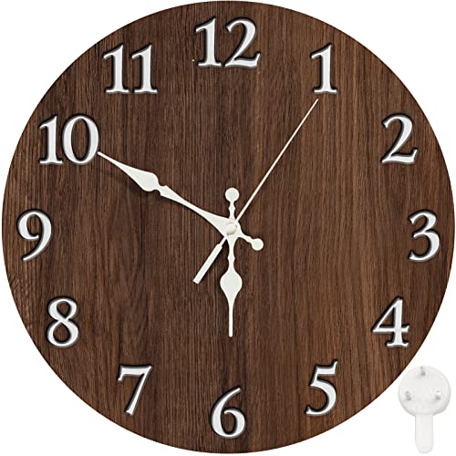 Britimes Round Wall Clock Silent Non-Ticking Clock 10 Inch, Wood Natural Wooden Walnut Brown, Home Decor for Living Room, Kitchen, Bedroom, and Office