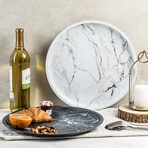 bzyoo 13 inch Melamine Plastic Marble Round Platter Food Serving Tray Durable Dishwasher Safe Indoor and Outdoor Dining Party Cocktails (Set of 2, Black & White)