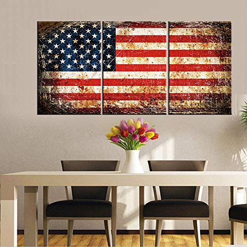 Canvas Wall Art Grunge USA Flag Pictures for Living Room White Red Striped Paintings Patriotism Retro Artwork Giclee Contemporary Home Decor Wooden Framed Ready to Hang Posters and Prints(48''Wx24''H)