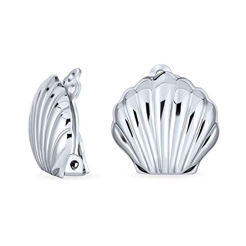 Carved Seashell Shaped Nautical Polished Clip On Earrings For Women Non Pierced Ears .925 Sterling Silver Alloy Clip