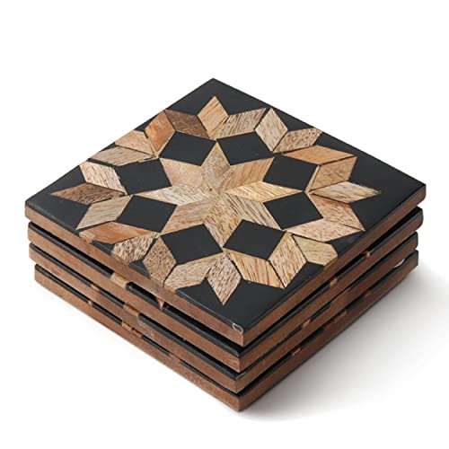 CASADECOR Set of 4 Wood & Resin Black Marquetry Wooden Handcrafted Coasters Home Kitchen for Tea & Coffe Table Décor Size 4 x 4 Inches