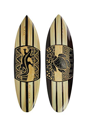 Chesapeake Bay Ltd Pair of Exquisite Hand-Carved Wooden Surfboards, Tiki-Inspired Decor Featuring Intricate Lizard and Turtle Designs - 20 Inch Long Wall Hanging Artistry