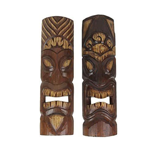 Chesapeake Bay Set of 2 Unique Hand-Carved Wooden Polynesian-Style Tiki Wall Hanging Masks Featuring Sun and Flower Headdress - Artisan Crafted - Exotic Island Decor, 20 Inches High