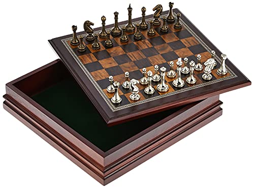 Classic Game Collection Metal Chess Set with Deluxe Wood Board and Storage - 2.5" King, Gold/Silver/Brown (985)
