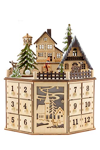 Clever Creations Wooden Christmas Advent Calendar, Countdown to Christmas, LED Holiday Decoration, Battery, Round Village