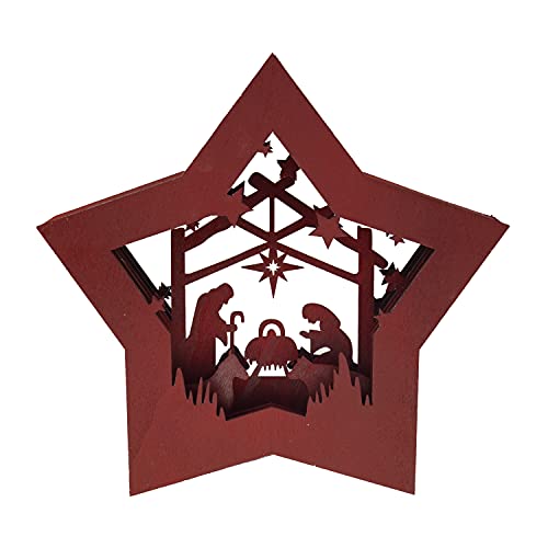 Clever Creations Wooden Star Shaped Nativity Scene Christmas Ornament, Festive LED Holiday Décor for Shelves and Tables, Red