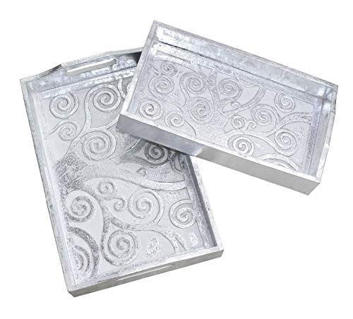 COTTON CRAFT - 2 Set Wooden Floral Nested Serving Tray - Silver White finish - Size: 14X8X2.5-16x10.25x3 Inches - Intricate detail with hand carving creates a truly unique furnishing accent