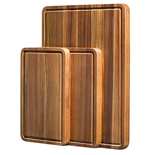 Cutting Boards for Kitchen, Large Wood Chopping Board Set of 3 with Deep Juice Groove, Acacia Charcuterie Board, Wooden Trays for Meat, Fruit and Cheese (17x12, 12x10, 12x7 inch)