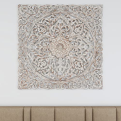Deco 79 Wood Floral Handmade Intricately Carved Wall Decor with Mandala Design, 36" x 1" x 36", Brown