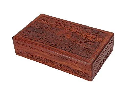 Deco 89 Multipurpose Handcrafted with Floral Carvings Antique Finished Wooden Jewellery Box Organiser, 8 x 5, Brown