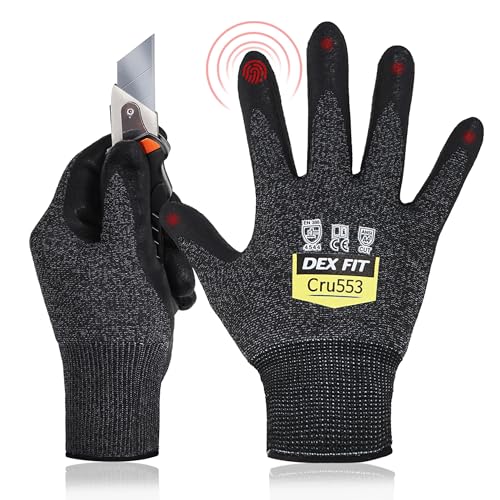 DEX FIT Level 5 Cut Resistant Gloves Cru553, 3D-Comfort Fit, Firm Grip, Thin & Lightweight, Touch-Screen Compatible, Durable, Breathable & Cool, Machine Washable; Black Grey M (8) 1 Pair
