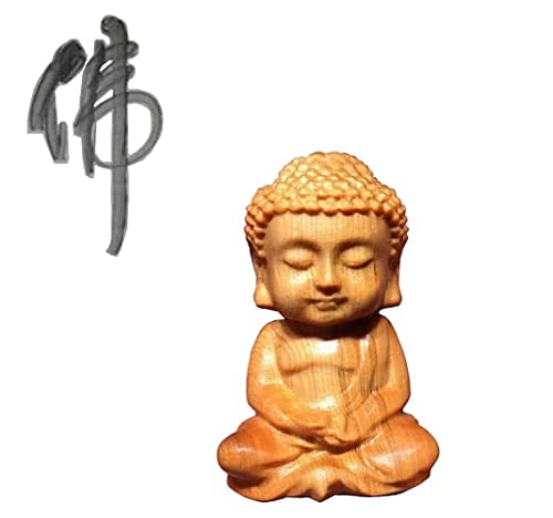 DMtse Hand Carved Natural Wood Buddha Statue Religious Buddhist Sitting Meditate Buddha Palm Size Sculpture Figurine