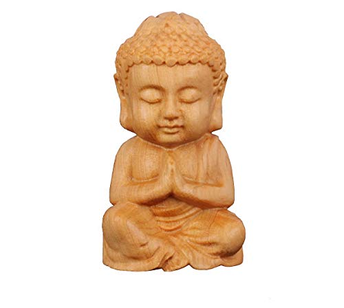 DMtse Hand Carved Natural Wood Buddha Statue Religious Buddhist Sitting Buddha Palm Size Sculpture Figurine
