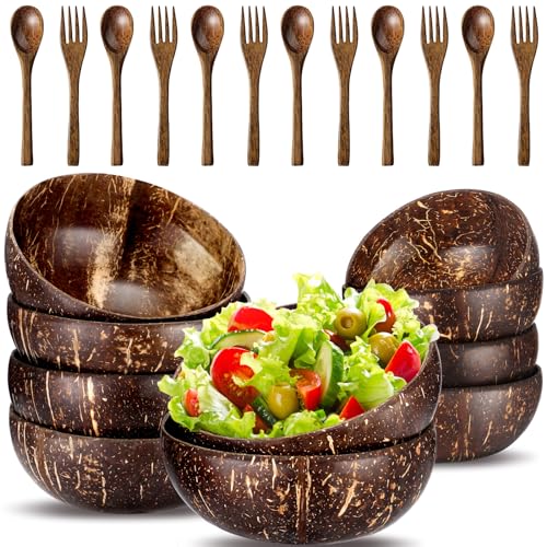 Domensi 24 Pcs Coconut Bowls and Wooden Spoon Sets 12 Reusable Natural Coconut Shell Buddha Smoothie Bowls with Serving Utensils Wood Cutlery 6 Spoons 6 Forks for Salad Vegan Gifts Kitchen