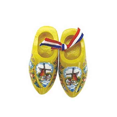 Dutch Wooden Shoes with Windmill Scene, Mini Wooden Clogs Pair Yellow (2.5"), Ornamental Deluxe Dutch Clogs, Dutch Ornaments | DutchGiftOutlet