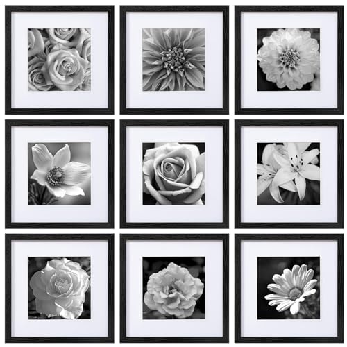 eletecpro 12x12 Picture Frames Set of 9 Classic Gallery Wall Frame Set Displays 8x8 Photo with Mat or 12x12 without Mat, Square Collage Wall Decor, Black Modern Home Decor for Hanging