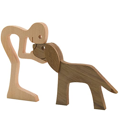 Enkrio Wooden Dog Figurines Hand Carved Wood Dog Human Sculpture Statue Handmade Accents Crafts Wooden Adorn Standing Tabletop Decoration Ornament for Home Decor