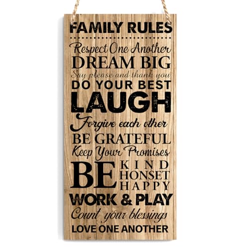 Family Rules Decor For Home Farmhouse, House Rules Wall Art Wooden Sign, Farmhouse Living Room Kitchen Rustic Hanging Sign, Set of 1 Wooden Sign With Rope - H13