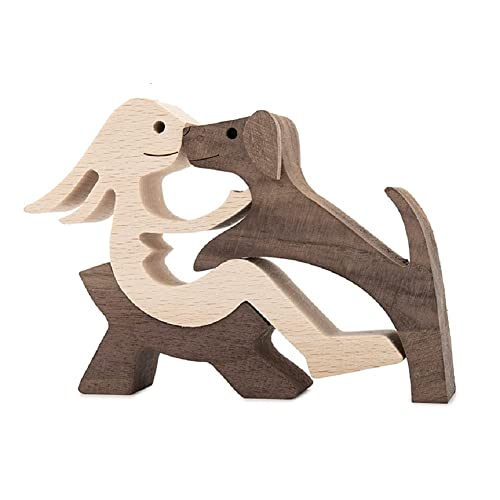 FHTDW Hand Carved Wooden Woman and Dog Statue, Home Office Décor Wood Human Dog Sculpture, Unique Gift for Dog Lovers to Remember Friendship (Relaxing Woman and Dog)