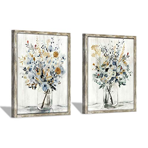 Floral Picture Wall Art Painting: Blossom Bouquet Flowers Prints on Rustic Wood and Handcrafted Wooden Framed Artwork for Home and Bedroom (12” x 16” x 2pcs)