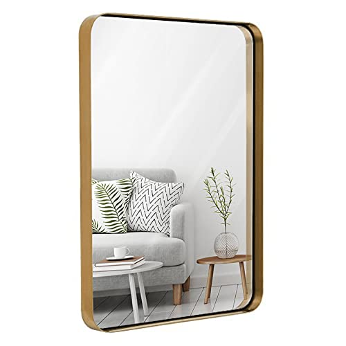 Hamilton Hills 24x36 inch Metal Gold Frame Mirror for Bathroom | Brushed Rectangular Rounded Corner Vanity | 2" Deep Set Design Large Wall Mirrors Decorative | Hangs Horizontal and Vertical