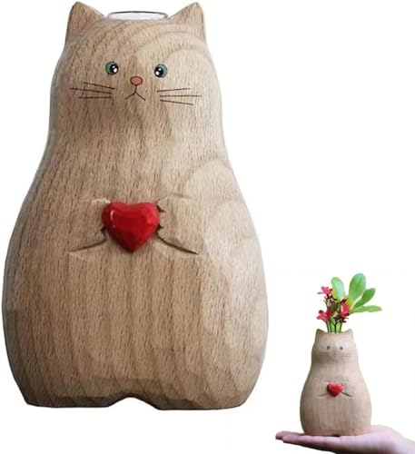 Handcrafted Wooden Cat Vase for Room Decor Aesthetic,Solid Wood Cat Statue Vase, Modern Minimalist Cat Vase Home Decor, Flower Vase for Room Decor Aesthetic,Bedroom Decor Gift for Cat Lovers