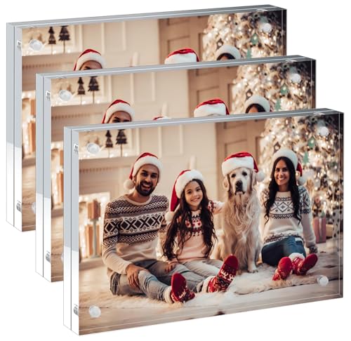 hansanti 3 Packs 4x6 Inch Acrylic Picture Frames, 20mm Thickness Magnetic Photo Frame, Clear Freestanding Double Sided Frameless Transparent Tabletop Acrylic Frame Stand for Desktop Display