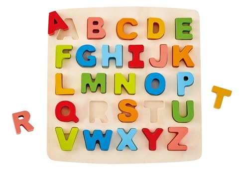 Hape Alphabet Blocks Learning Puzzle | Wooden ABC Letters Colorful Educational Puzzle Toy Board for Toddlers & Kids, Multi-Colored Jigsaw Blocks, 5'' x 2''